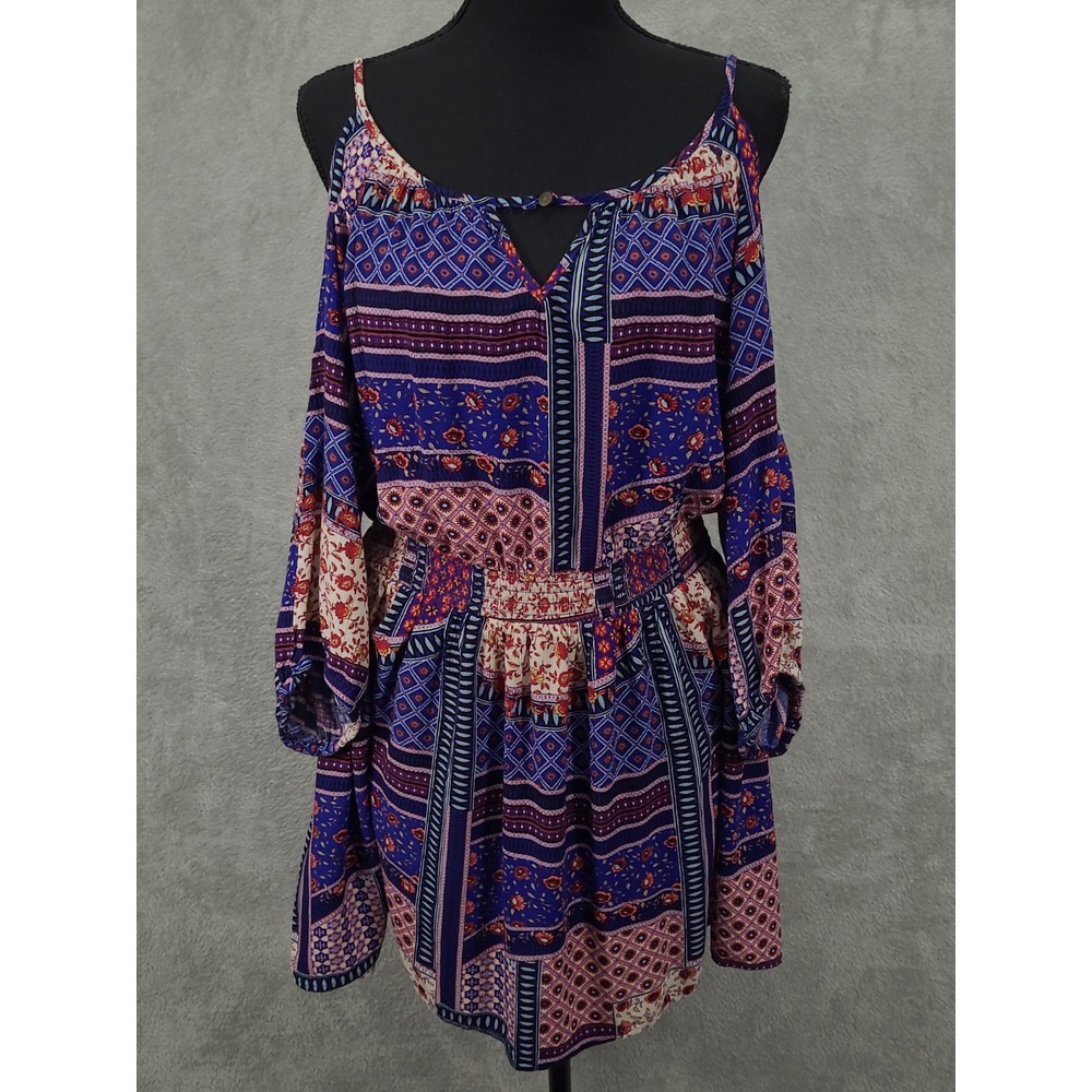 American Eagle Dress Large Multicolor Patchwork‎ Cold Shoulder Keyhole Neck Mini